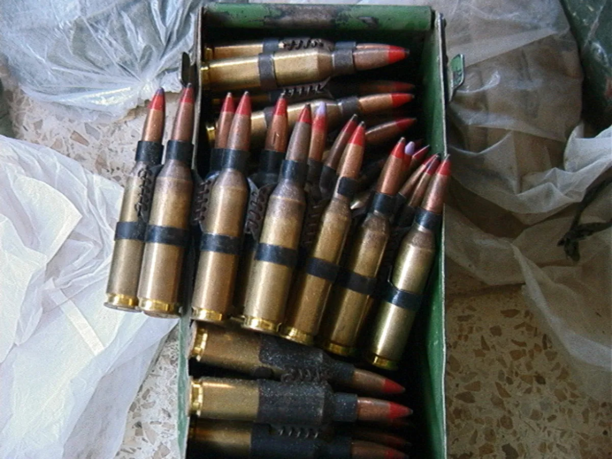 A wooden crate holding belted 14.5mm armour-piercing incendiary cartridges