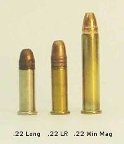 Three rimfire cartridges standing side by side on a pale ground, labelled .22 Long, .22 LR and .22 Win Mag; the .22 LR is the middle and shortest-bulleted of the three.