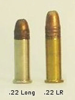 Two rimfire cartridges standing upright side by side, labelled below as .22 Long and .22 LR; the .22 Long on the left has a lighter-coloured case and a shorter bullet.