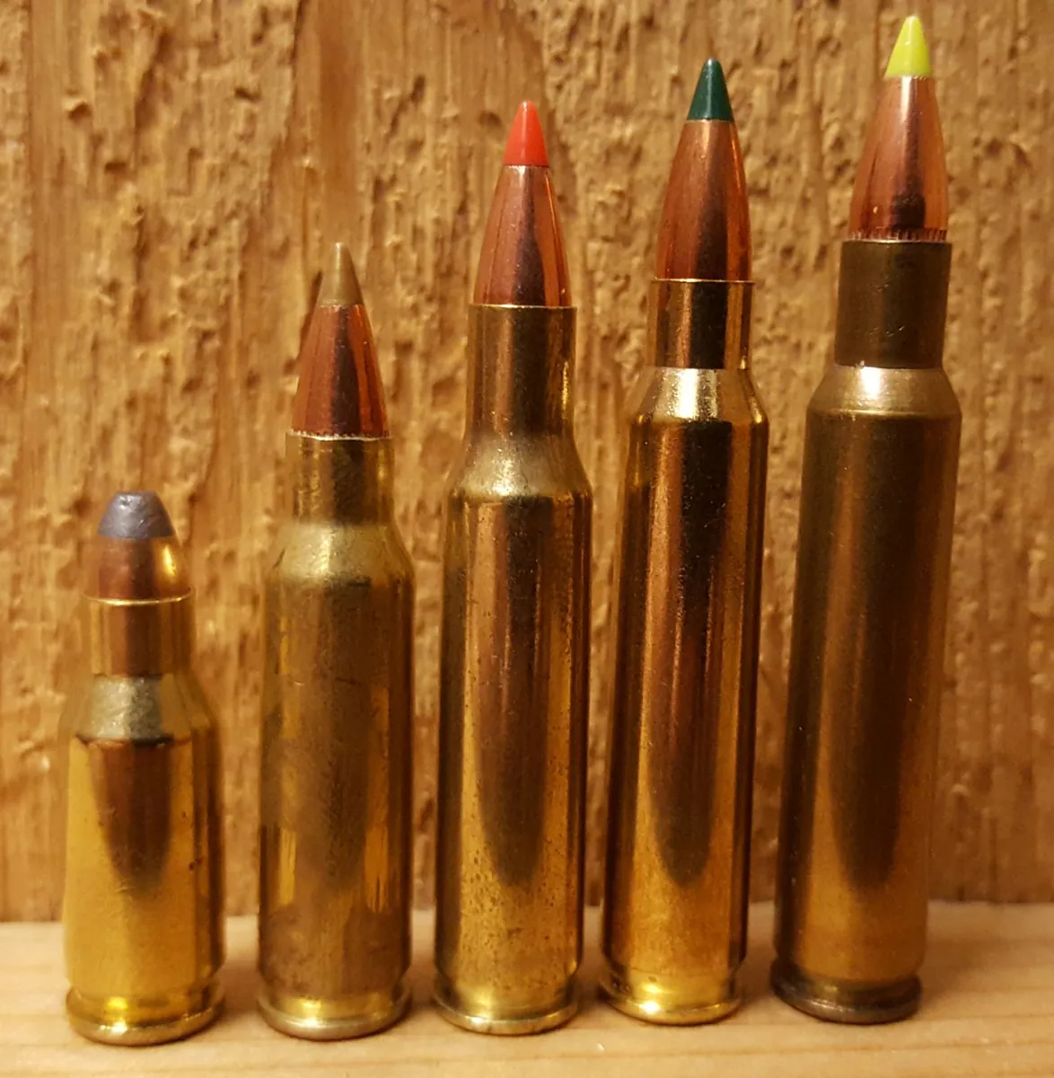 Five bottlenecked rifle cartridges of increasing size standing in a row against a wooden background, each with a differently coloured bullet tip.