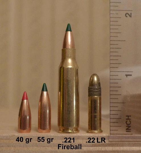 A loaded rifle cartridge with a green polymer-tipped bullet standing beside two loose bullets marked '40 gr' and '55 gr' and a small rimfire round marked '.22 LR', against a ruler marked in inches.
