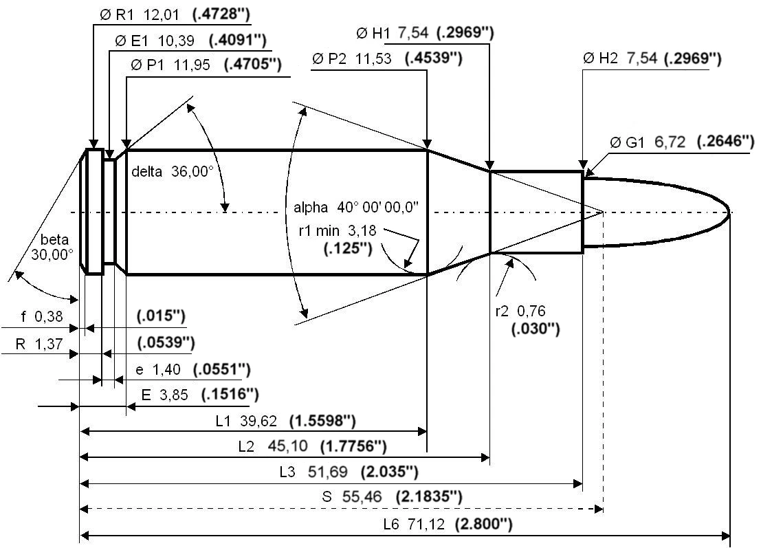 A black and white technical line drawing of a rifle cartridge in profile, fully dimensioned in millimetres with inches in brackets: rim, base, shoulder and neck diameters, shoulder and ogive angles, and case, shoulder and overall lengths.