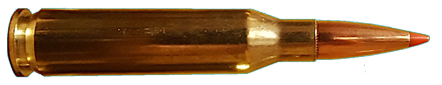 A single rifle cartridge on a transparent background, viewed from the side: a brass bottlenecked case with a visible headstamp and a copper jacketed bullet with a red polymer tip.