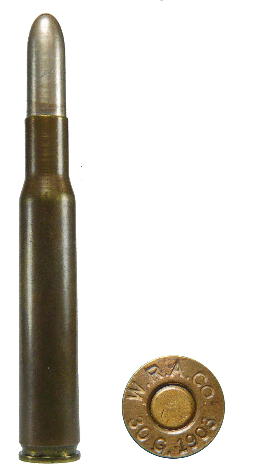 A .30-03 Springfield rifle cartridge standing upright with a round-nose bullet showing a bare metal tip, beside its base showing a W.R.A. CO. 30 G. 1903 headstamp.