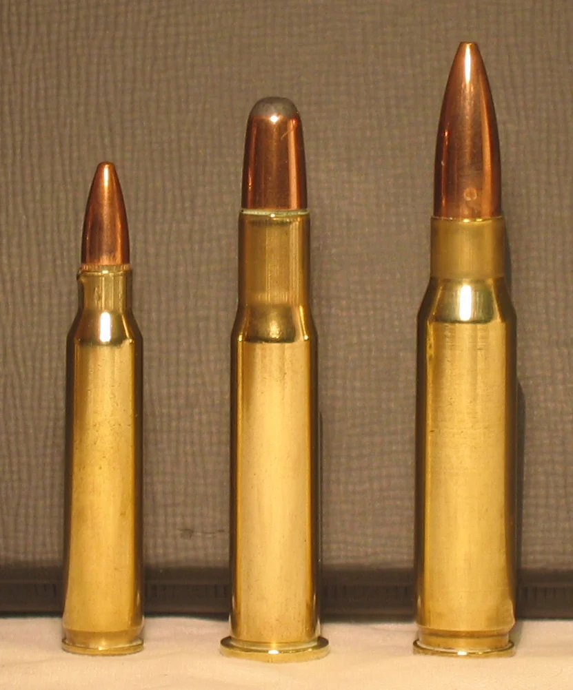 Three rifle cartridges side by side, shortest to tallest: 5.56x45mm NATO, .30-30 Winchester with a round-nosed bullet, and .308 Winchester with a pointed bullet