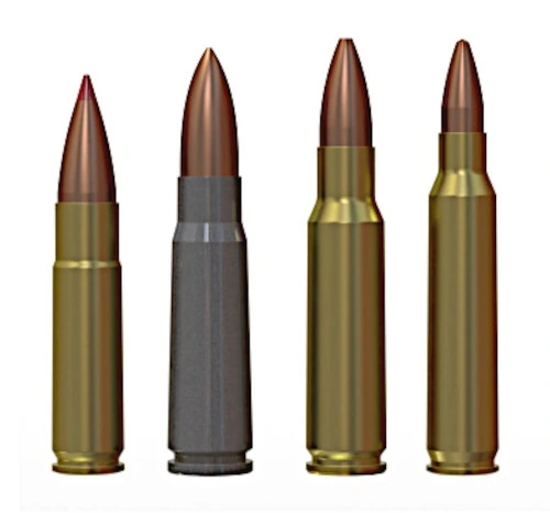 A rendered illustration of four rifle cartridges standing side by side: a short brass round with a dark bullet, a slightly taller round with a grey-green steel case, and two taller, slimmer brass rounds with pointed bullets.
