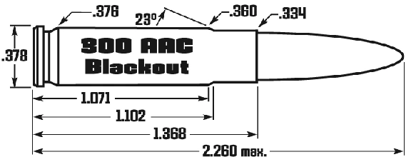 A black and white line drawing of a bottlenecked rifle cartridge in profile, dimensioned in inches: case and rim diameter .378, shoulder angle 23 degrees, neck diameter .334, case length to shoulder 1.071 and 1.102, and overall length 2.260 maximum.