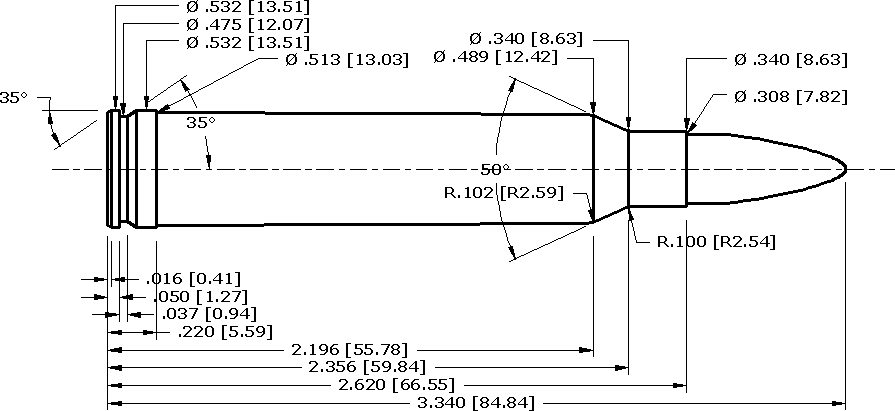 A black and white technical line drawing of a rifle cartridge in profile, dimensioned in inches with millimetres in brackets: case diameters, shoulder angle, bullet diameter, and case, shoulder-to-bullet, and overall lengths.