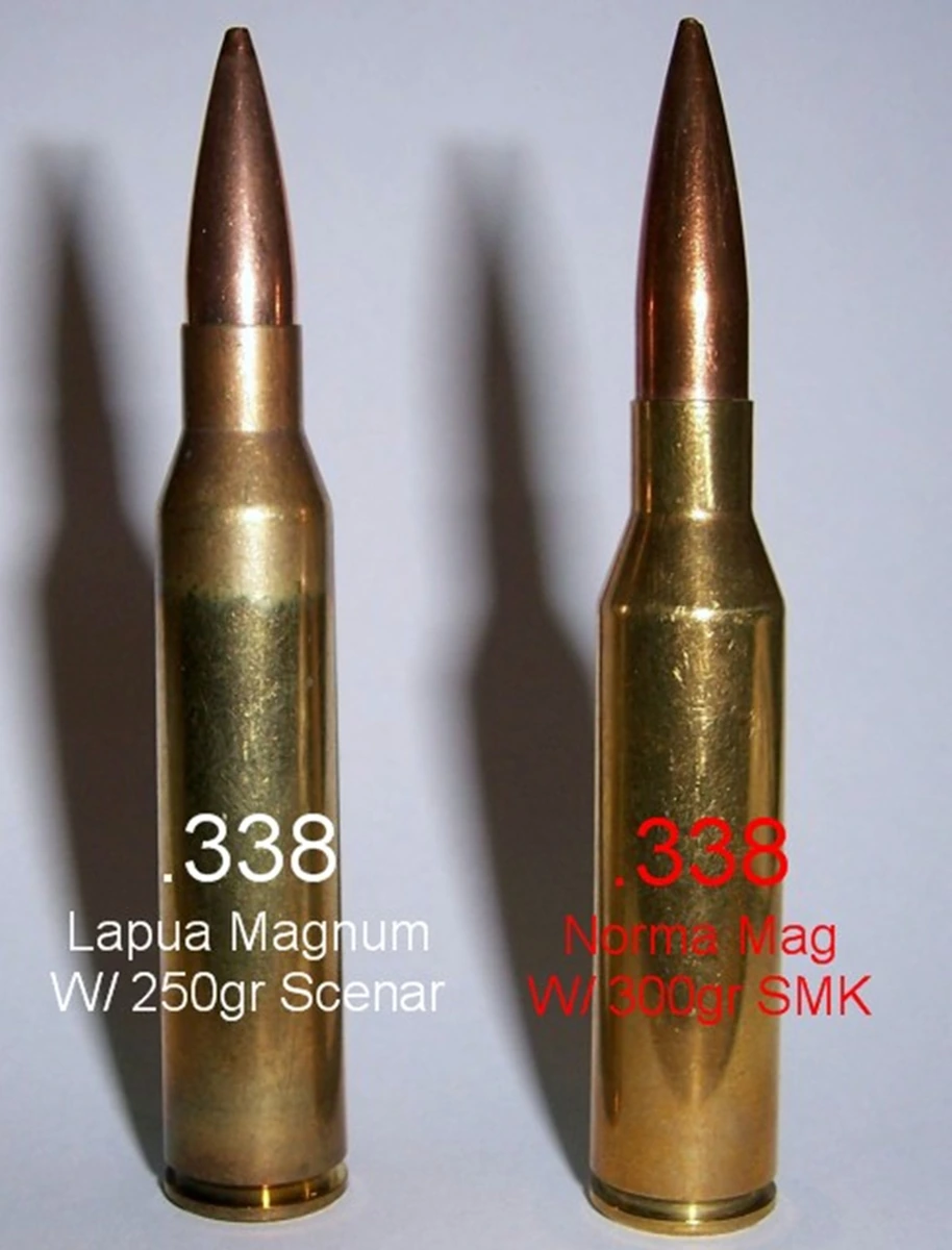 Two brass rifle cartridges side by side against a plain grey background, labelled in white and red text. Both carry long pointed bullets and are close in size, the right one slightly longer with a sharper bullet ogive.
