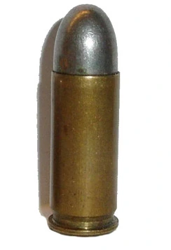 A small semi-rimmed pistol cartridge with a brass case and a rounded lead bullet.