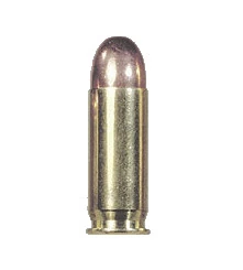 A .38 Super pistol cartridge standing upright, a round-nose full metal jacket bullet seated in a brass semi-rimmed case.
