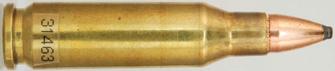 A 4.6×30mm cartridge lying horizontally, its bottlenecked brass case marked 31463 and carrying a slender pointed bullet.