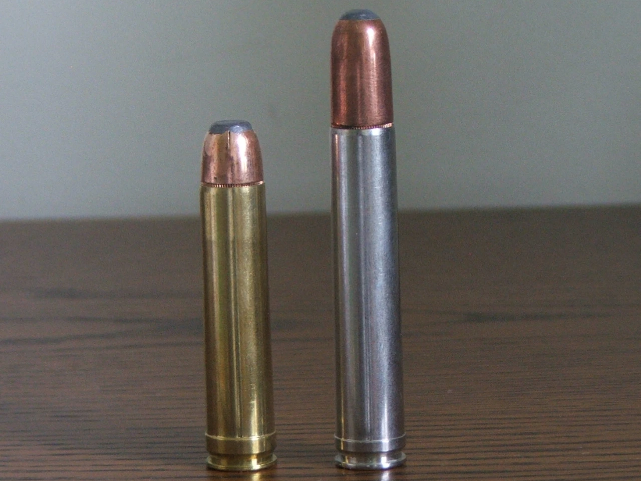 Two flat-nosed rifle cartridges standing upright side by side, the left one with a brass case shorter than the taller, nickel-plated case on the right.