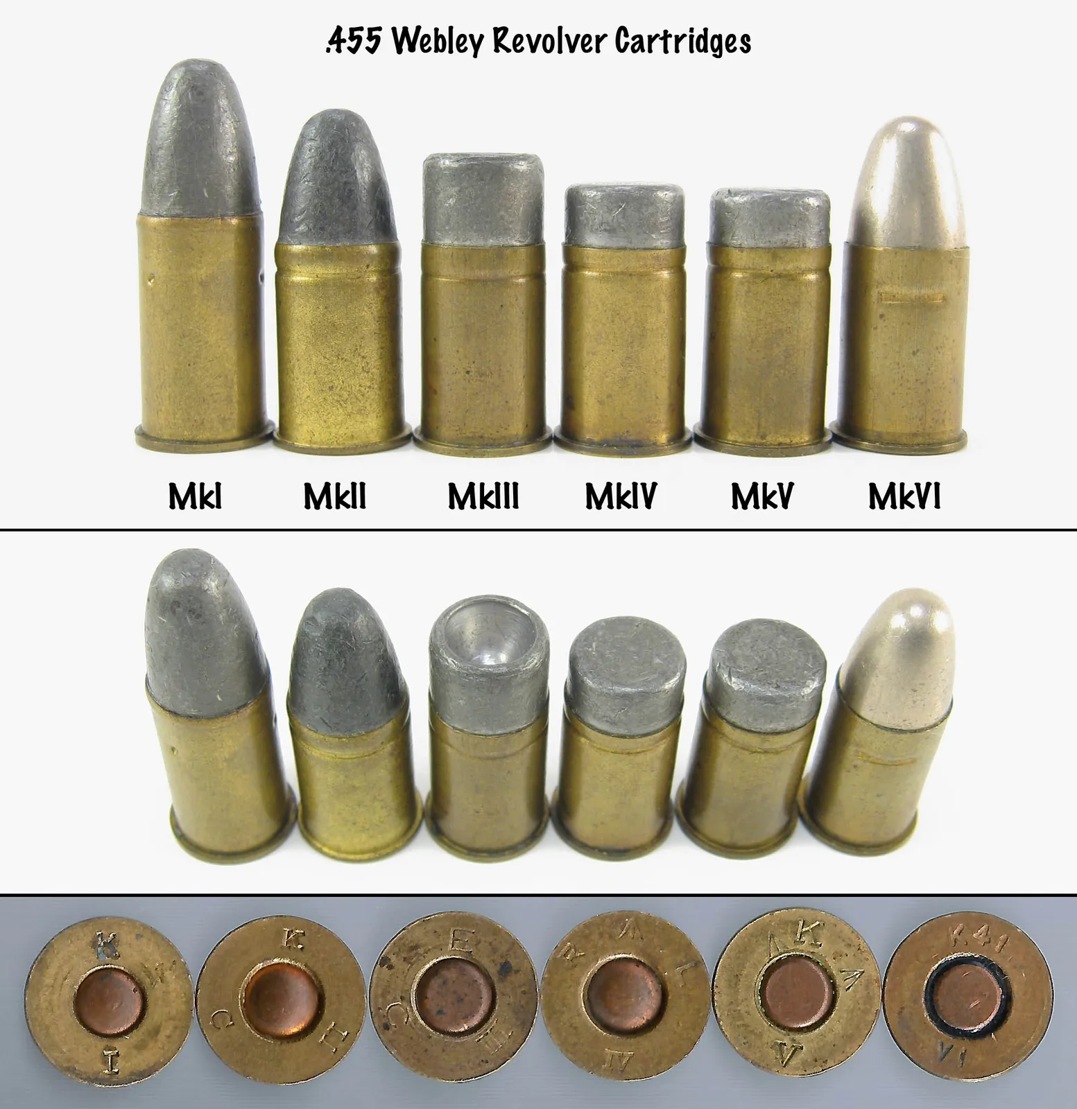 A labelled comparison of six .455 Webley cartridge marks (Mk I through Mk VI) standing upright, showing brass cases of different lengths and bullet-nose shapes ranging from long round-nose to short flat-tipped and hollow-point profiles, with headstamps shown below.