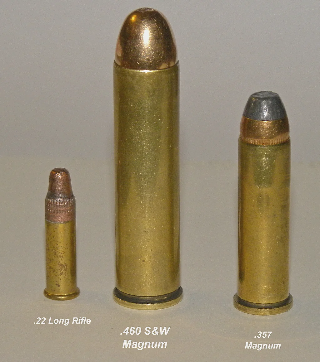 Three cartridges standing side by side on a grey ground and labelled beneath: a small rimfire round on the left, a long straight brass case with a round-nosed jacketed bullet in the middle, and a shorter revolver cartridge with a lead bullet on the right.