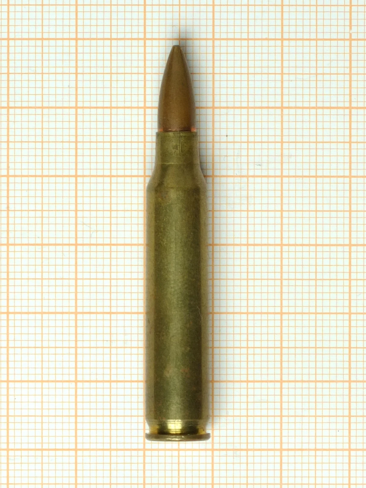 A single 5.56x45mm NATO cartridge photographed upright against a plain background