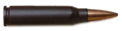 A 5.8×42mm cartridge lying horizontally, its case finished in matt black with a copper-jacketed pointed bullet.
