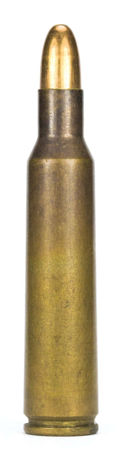 A single 6.5x55mm Swedish cartridge photographed upright against a white background. The brass case is long and slender with a shallow shoulder, and carries a blunt round-nosed jacketed bullet.
