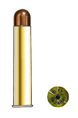 A rendered brass rifle cartridge with a copper-jacketed rounded bullet, next to its base showing the rimmed head