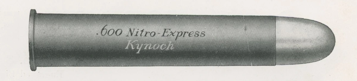 A historic catalogue illustration of a .600 Nitro Express cartridge marked Kynoch