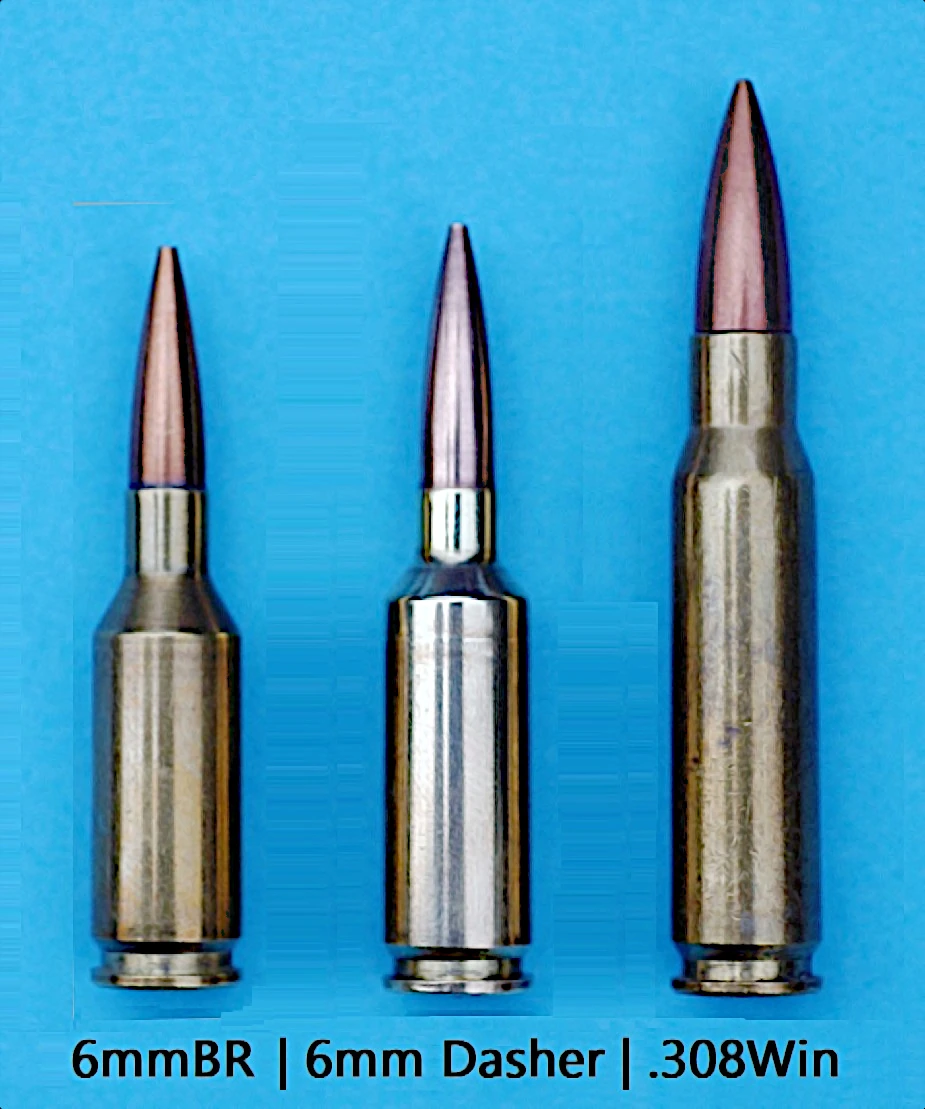 Three bottlenecked rifle cartridges with long pointed bullets standing on a blue ground, labelled beneath "6mm BR", "6mm Dasher" and ".308 Win".