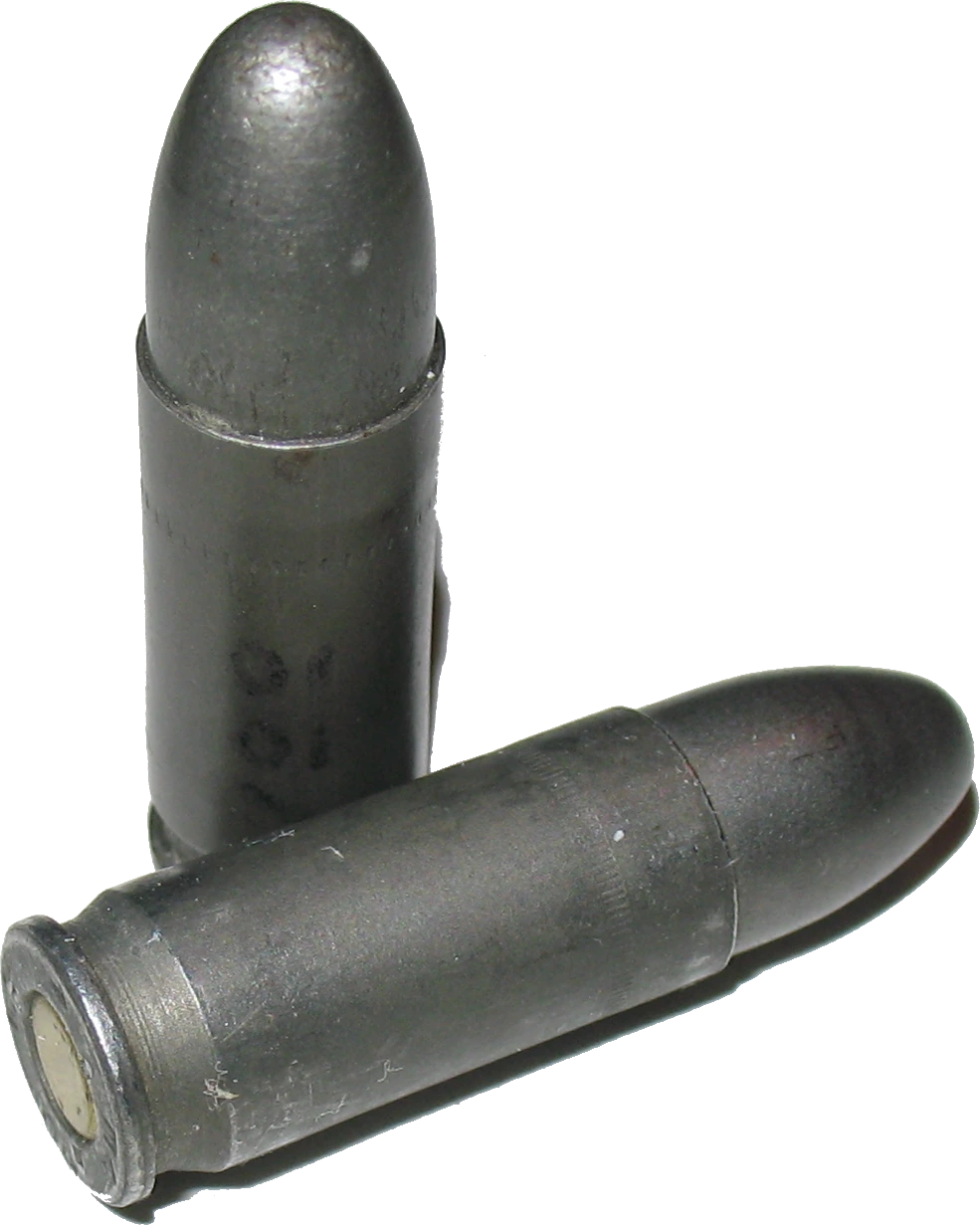 Two 7.65×20mm Longue cartridges lying on their sides against a black background, showing their small, straight, rimless brass cases and round-nosed bullets