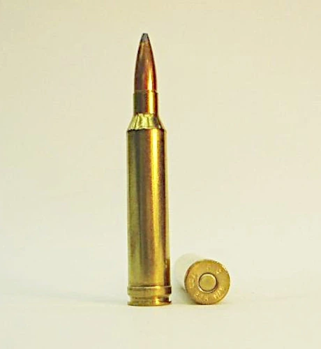 A single brass belted-magnum rifle cartridge with a pointed bullet, standing beside its own base