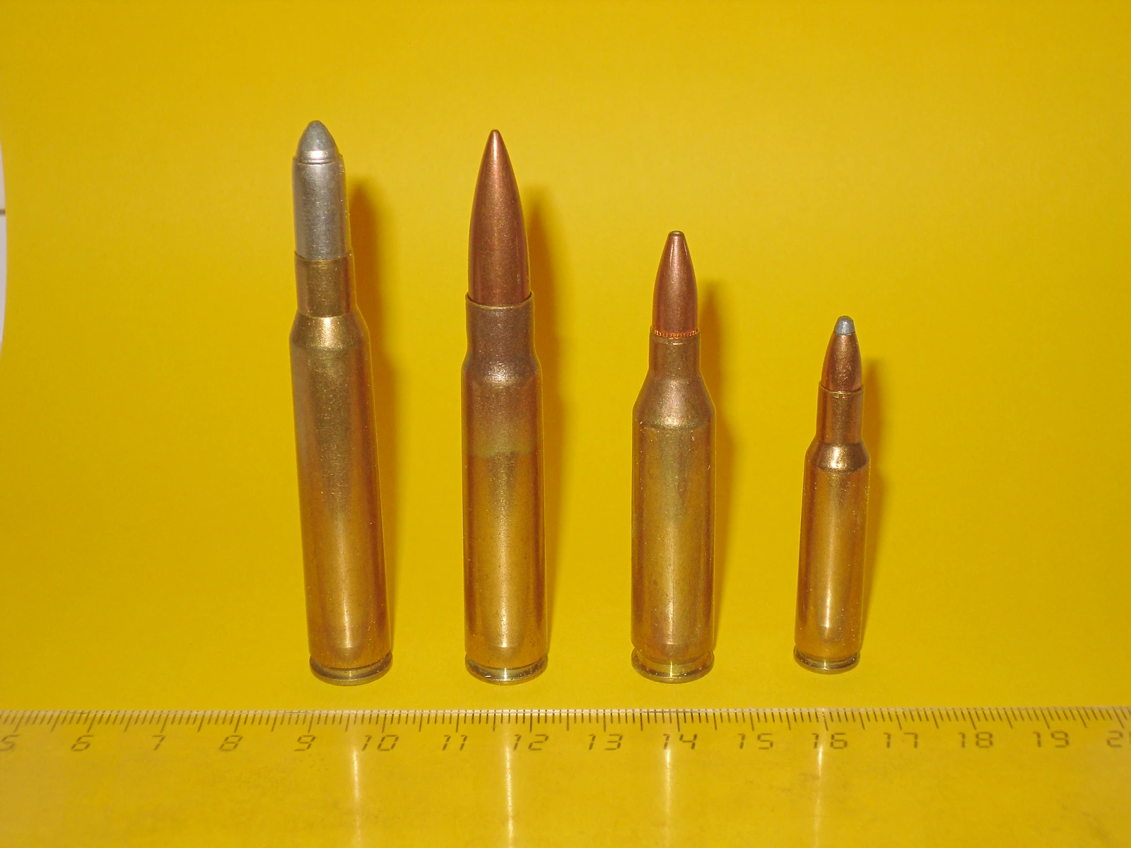 Four brass rifle cartridges of decreasing size standing beside a ruler