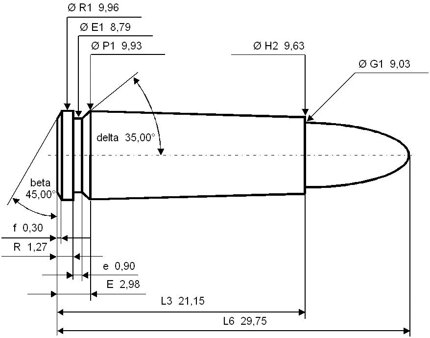 A black and white technical line drawing of a pistol cartridge in profile, dimensioned in millimetres: rim, base and neck diameters, bullet diameter, shoulder and case-mouth angles, and case and overall lengths.