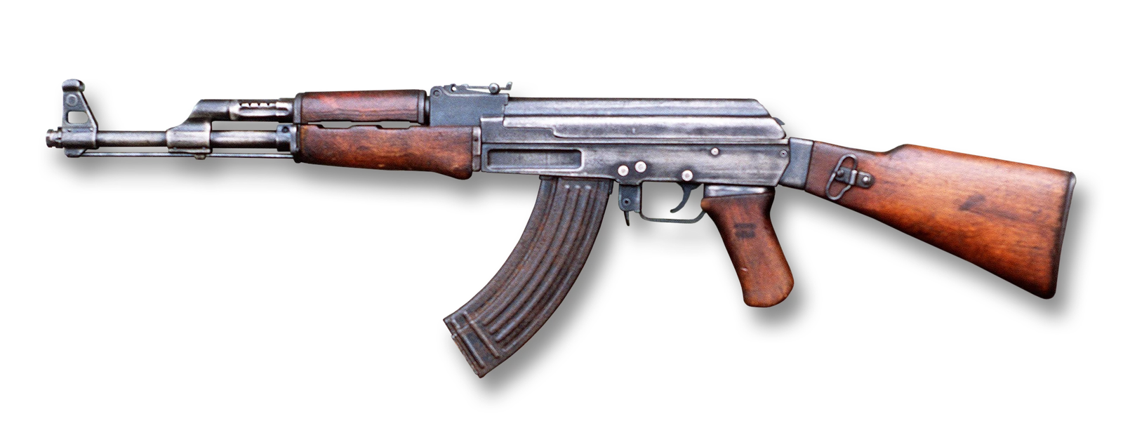 An AK-47 rifle with a wooden stock, right side profile, isolated on a plain background