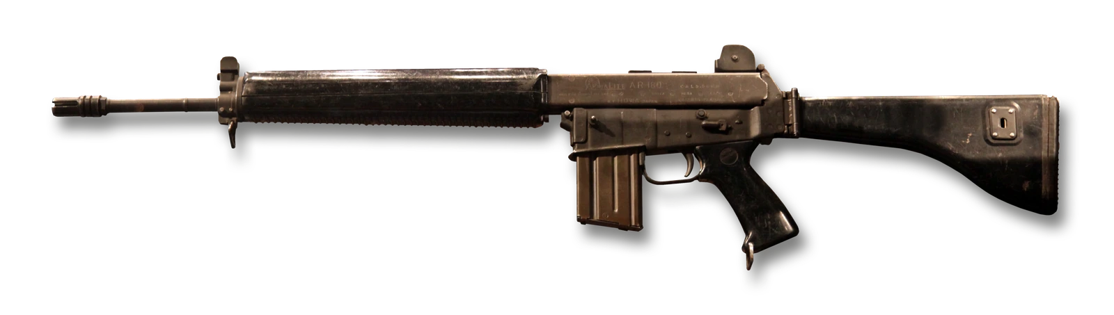 A rifle with a plain tubular receiver, a folding wire stock, a curved box magazine and a slotted flash suppressor at the muzzle.
