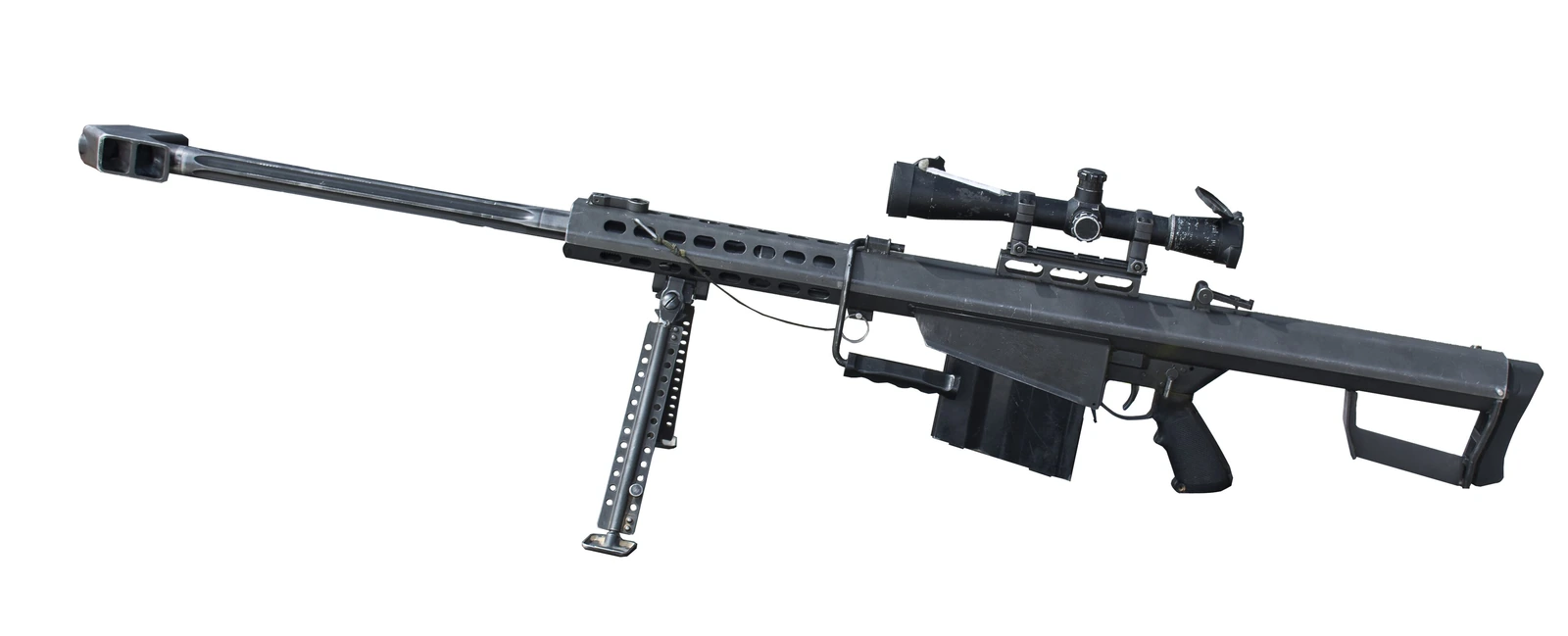 A Barrett M82A1 rifle isolated on white, seen from the left, with a very long barrel ending in a large rectangular muzzle brake, a bipod, a telescopic sight and a magazine ahead of the pistol grip