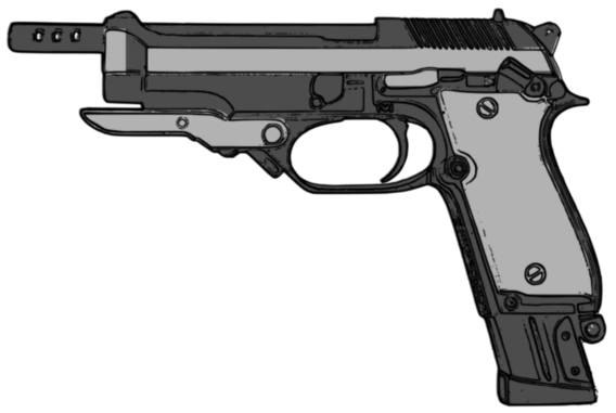 A grayscale illustration of a Beretta 93R pistol's grip and trigger area, showing its folding front handgrip and extended trigger guard