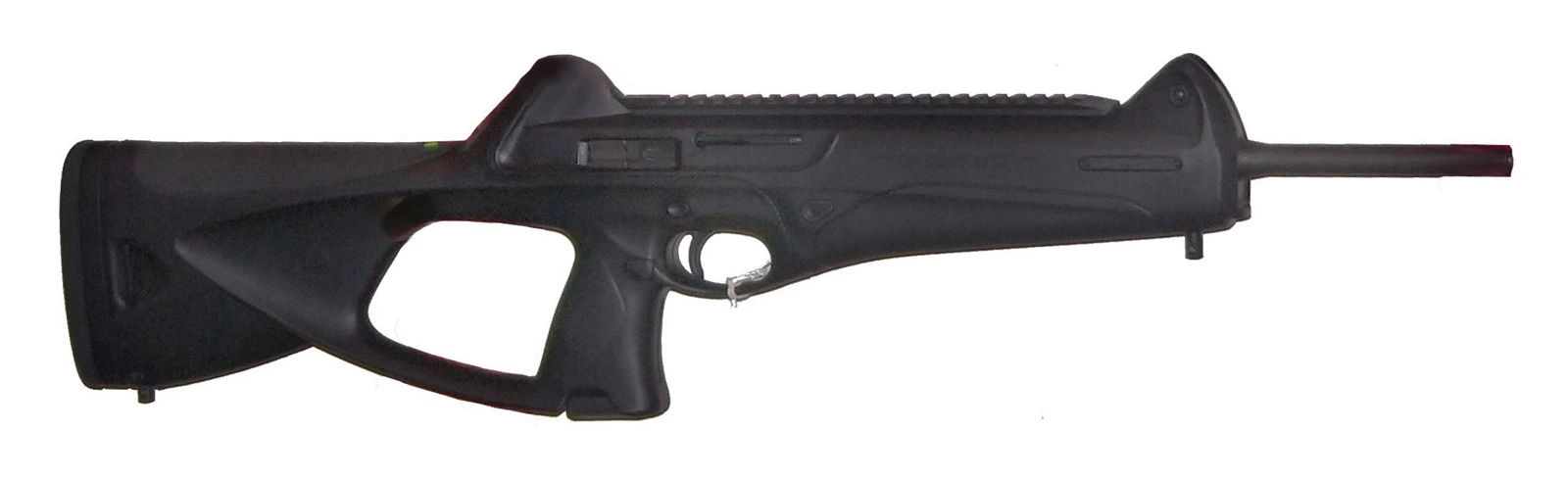 A black polymer carbine with a straight stock and a Picatinny rail along the top of the receiver
