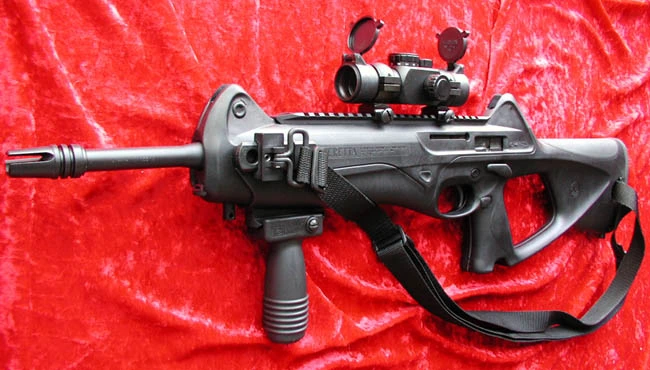 A Cx4 Storm carbine fitted with a magnified scope on its top rail