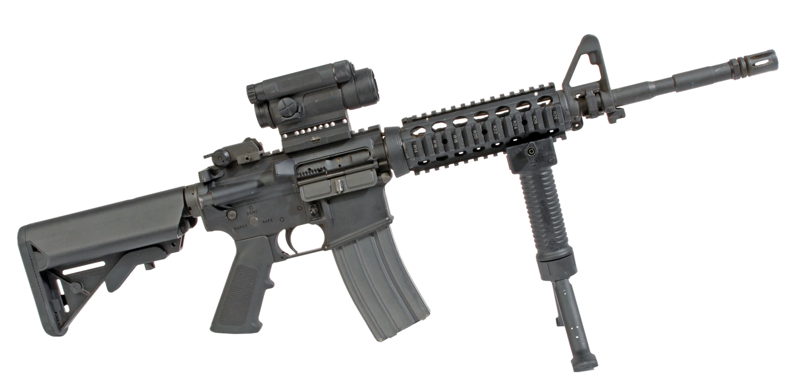 An M4 carbine fitted with a rail adapter system and a red dot sight, right side