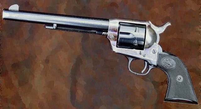 A nickel-finished Colt Single Action Army revolver seen from the left against a mottled brown background, with a long barrel, ejector rod housing and chequered grips