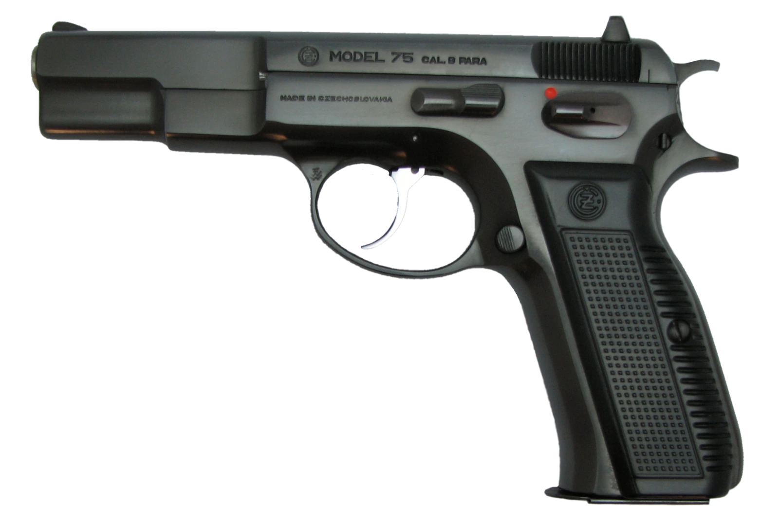 A CZ 75 pistol isolated on white, seen from the left, with “MODEL 75 CAL. 9 PARA” and “MADE IN CZECHOSLOVAKIA” stamped on the slide and chequered black grips