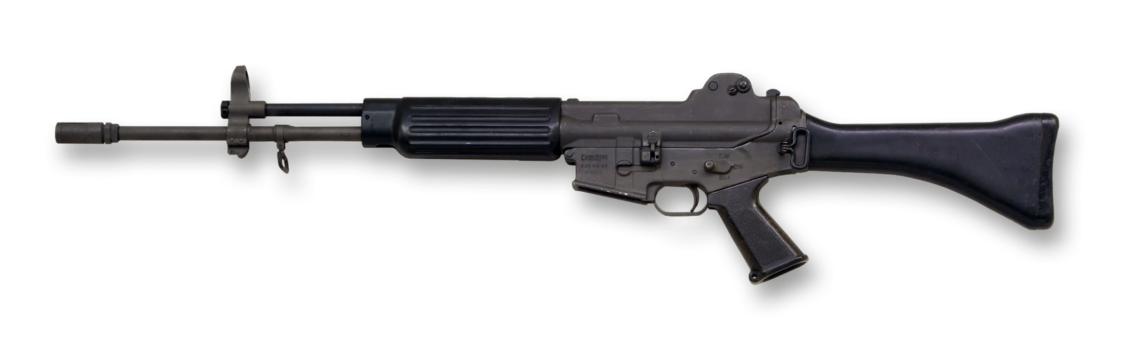 A black rifle shown in profile against a plain white background, with a short flash suppressor, a ribbed polymer handguard, a folding carrying handle over the receiver, a pistol grip and a solid polymer buttstock