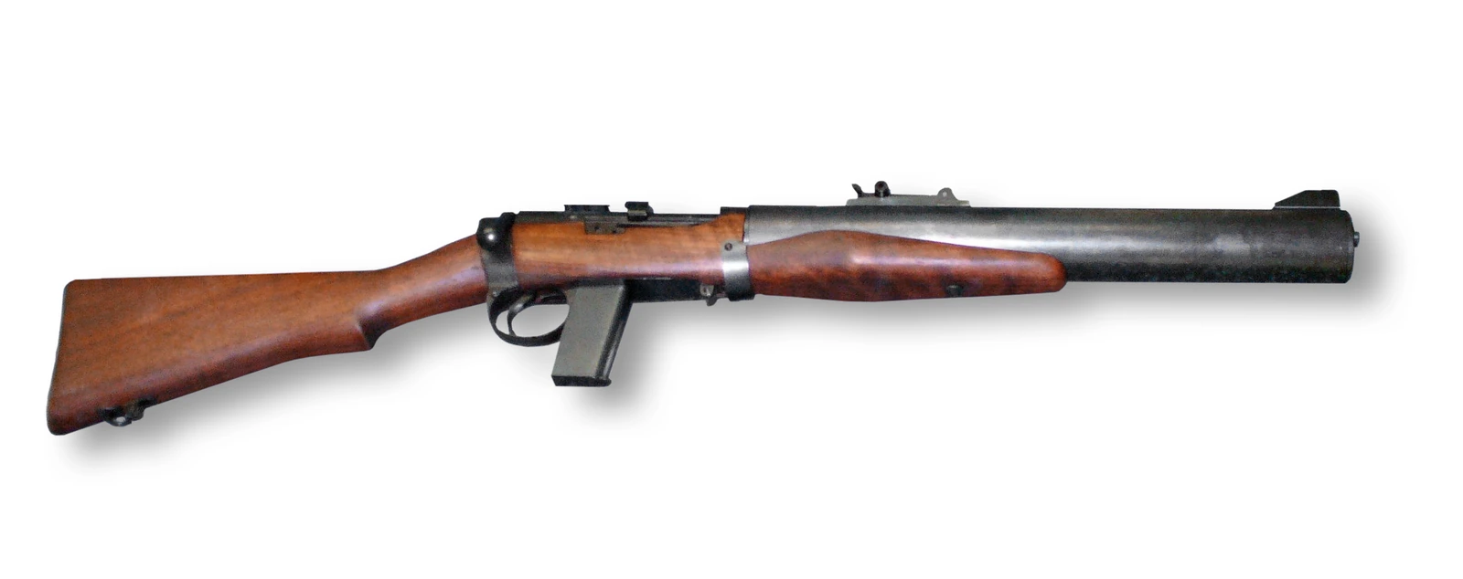 A De Lisle carbine with wooden Lee-Enfield-style stock and a thick cylindrical suppressor housing running most of the barrel's length