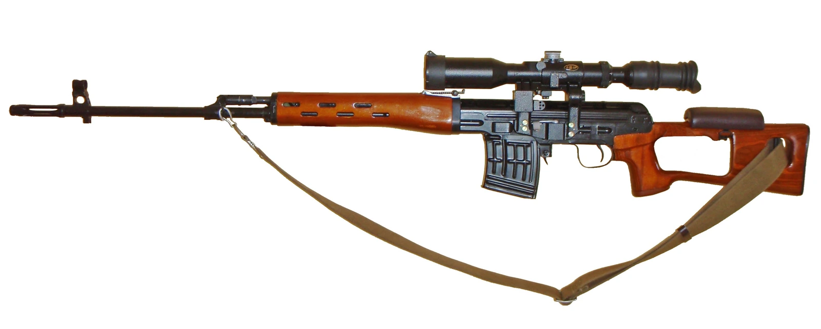 An SVD rifle isolated on white, seen from the left, with a vented wooden handguard, a skeletonised wooden stock with a raised cheekpiece, a telescopic sight above the receiver and a canvas sling