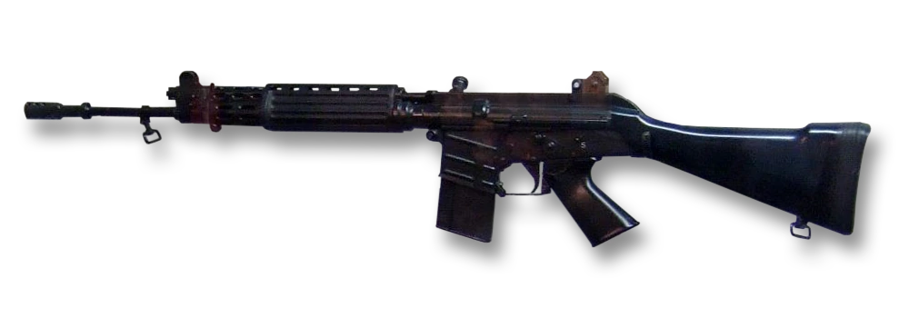 A black rifle with a distinctive rounded carrying handle over the receiver, a ribbed handguard and a straight detachable magazine, shown on a transparent background