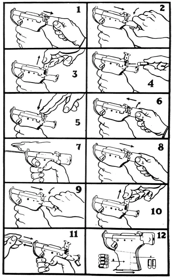 A printed instruction sheet with eight numbered pictograms showing how to load, aim and fire the pistol without needing to read text
