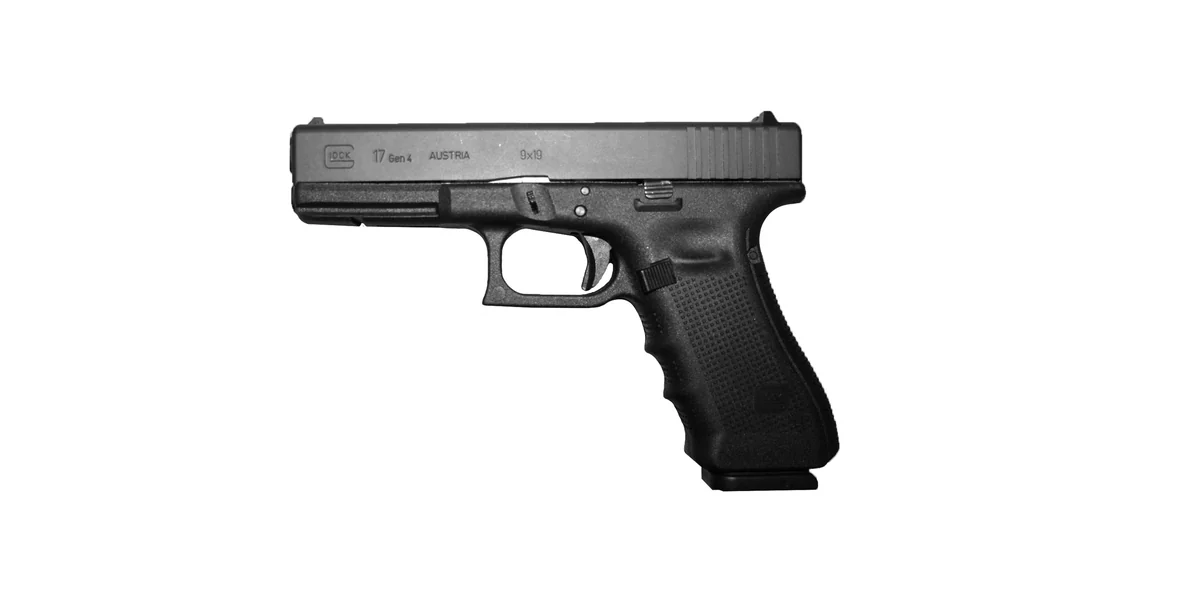 A Glock 17 pistol isolated against a white background, right side profile
