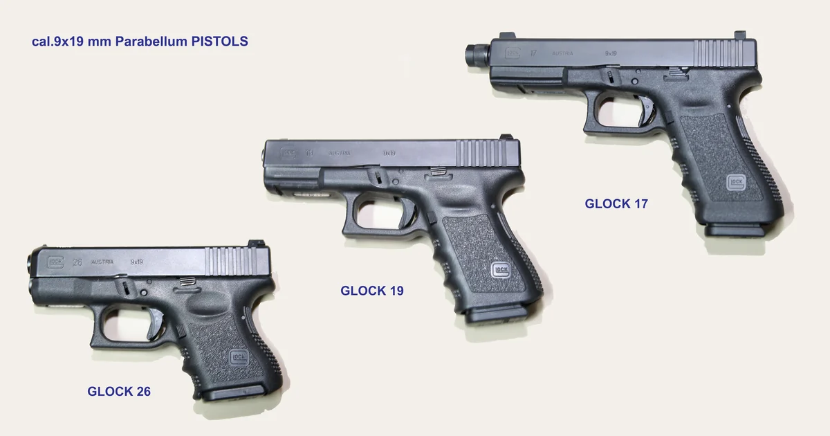 Three Glock pistols laid out in a row for size comparison, with English captions