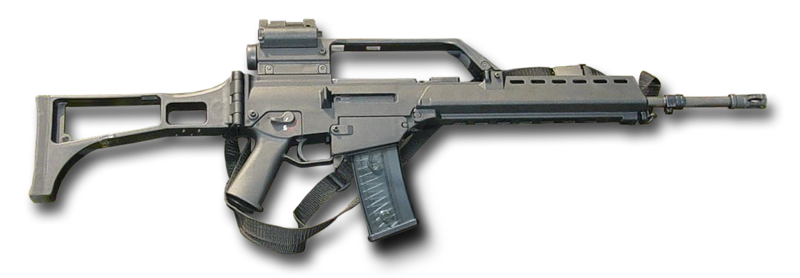 A Heckler & Koch G36 rifle seen from the left against a plain ground. The receiver, handguard and skeletal side-folding stock are all matt grey polymer; a long open carry handle runs along the top carrying a tubular optical sight with a small reflex sight above it, and a smoke-grey translucent box magazine curves down behind the pistol grip. A black sling loops beneath the weapon.