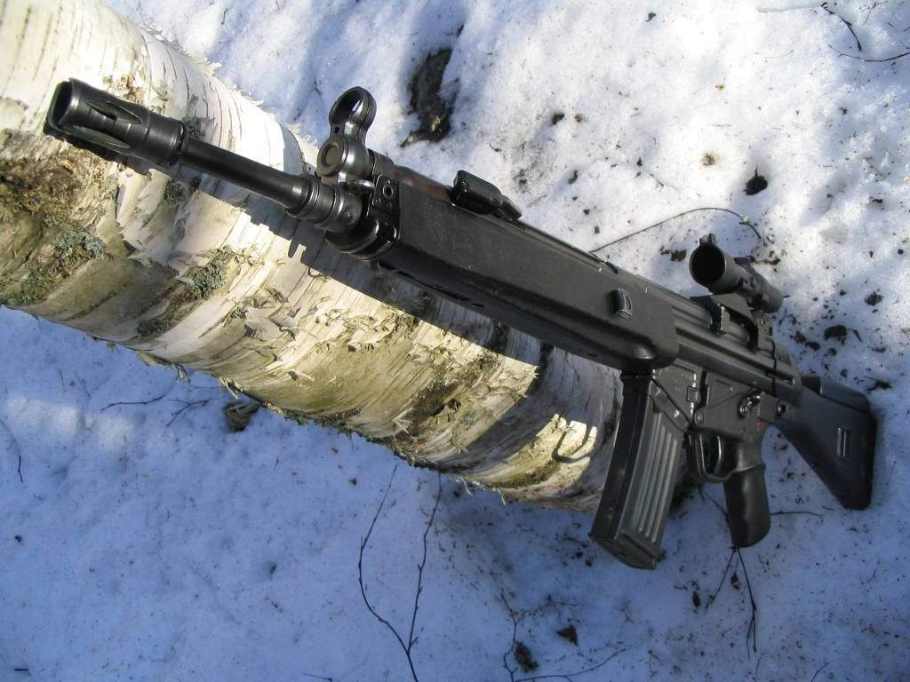 A black rifle with a stamped-steel receiver, a distinctive slotted flash suppressor, a plastic handguard and a mounted optical sight, resting against a snow-covered birch tree.