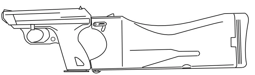 A line drawing of a pistol with a long boxy shoulder stock attached behind the grip, shown in profile.