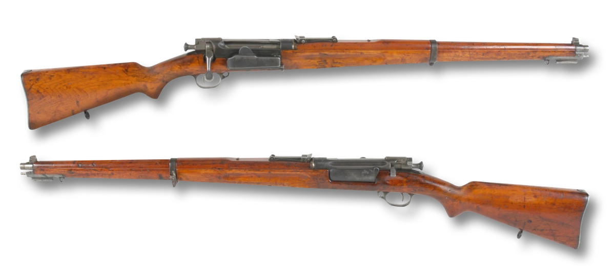 Two views of the same short bolt-action rifle, one above the other on a white ground: the left side above with the muzzle to the right, the right side below with the muzzle to the left. The reddish wooden stock runs the whole length of the barrel to a nose cap, and the rear sight sits immediately ahead of the receiver.