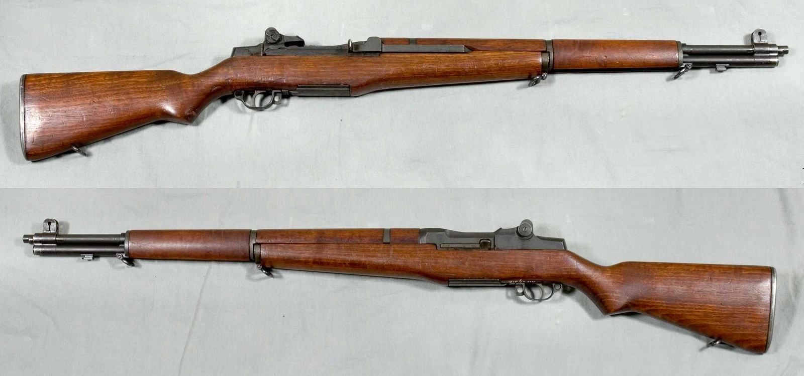 Two views of an M1 Garand rifle on a pale cloth, left and right sides, with a full-length walnut stock and the operating rod running along the right of the barrel
